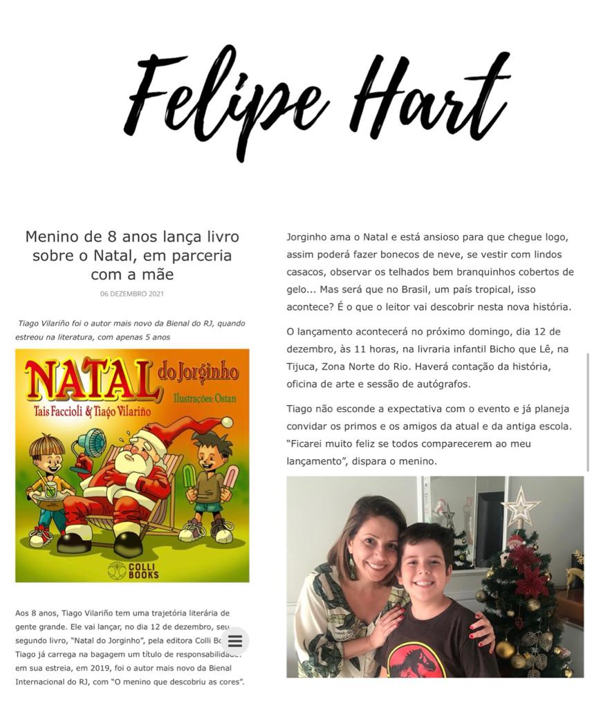 Felipe Hart: Menino de 8 anos lança livro sobre o Natal, em parceria com a  mãe - Isa Colli